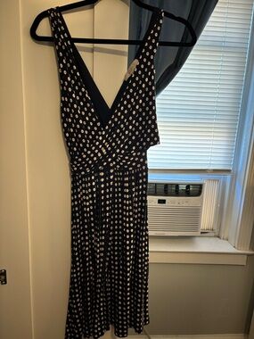 LOFT Black Midi Dress with White Dot Print